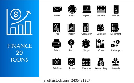 Finance icon set. Containing Money Bag, growth, target, chart, money and exchange icons. Solid icons collection