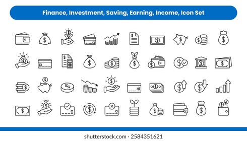 Finance icon set. Containing money, budget, saving, earning, income, wallet, investment, dollar, credit card, coin, revenue, piggy bank, and profit. Finance business thin line. Vector editable stroke