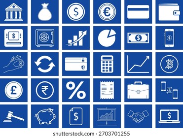Conjunto de iconos de finanzas. Contiene Bolsa de Dinero, Edificio Bancario, Moneda de Dólar, Moneda de Euro, Tarjeta de Crédito, Cartera, Cajero Automático, Caja Fuerte, Gráfico de Barras, Gráfico de Pastel, Factura de Dólar, Pago Móvil, Porcentaje, Mano
