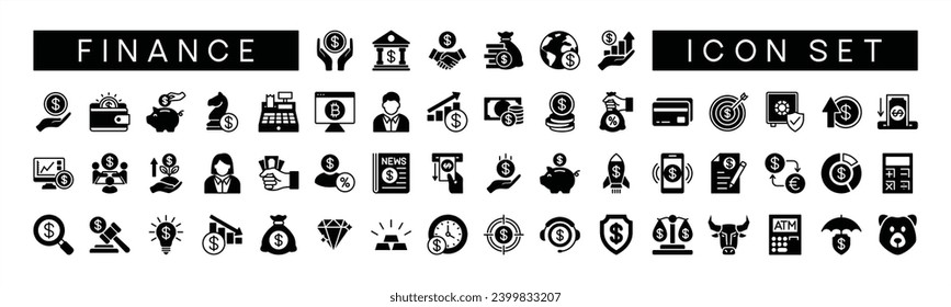 Juego de iconos de finanzas. Conteniendo ahorros, banco, efectivo, préstamo, objetivo, beneficio, inversión, presupuesto, pago, ganancias, banco de cerdo, aumento, disminución, objetivo, apoyo, estrategia y más. Ilustración de símbolo