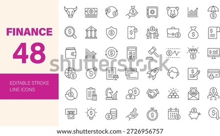 Finance icon set. Containing savings, financial, revenue, banking, business, cash, earning, loan, credit, fund, investment, budget and more. Editable line icons. Vector illustration.