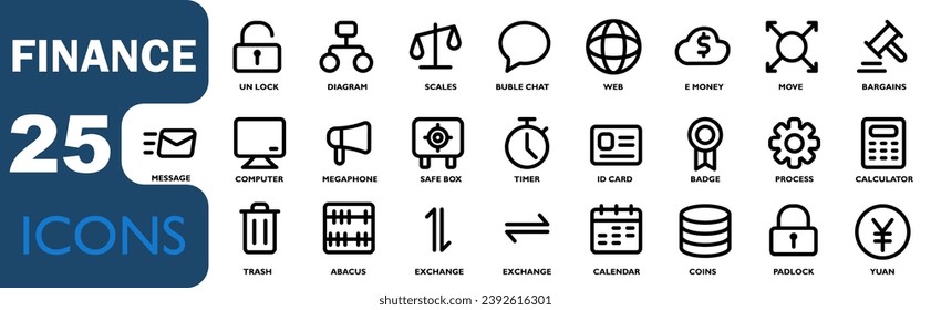 finance icon set. contains icons for money, calculator, bank, insurance, money security, e-money,exchange and others. with black outline icon style. vector illustration set.