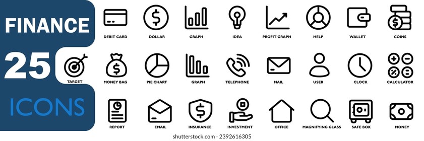 finance icon set. contains icons for money, calculator, bank, insurance, money security, e-money and others. with black outline icon style. vector illustration set.