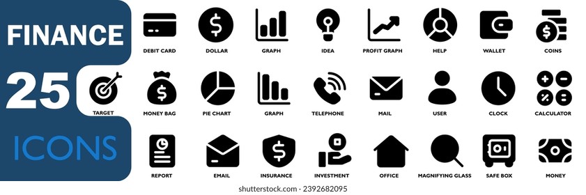 finance icon set. contains icons for money, calculator, bank, insurance, money security, e-money and others.black solid icon style. vector illustration set.