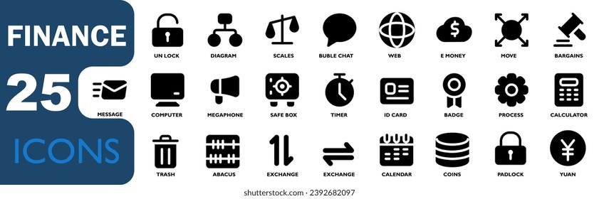 finance icon set. contains icons for money, calculator, bank, insurance, money security, e-money,exchange and others.black solid icon style. vector illustration set glyph.