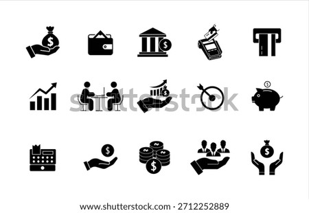 Finance icon set. Contains icons for loans, cash, savings, financial goals, profits, budgets, mutual funds, earnings, and income. Vector illustration.