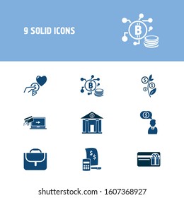 Finance icon set and cryptocoins with bank, online payment and budget calculator. Building related finance icon vector for web UI logo design.