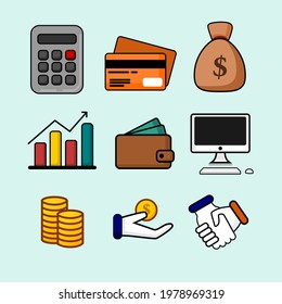 finance icon set with detailed outline and color such as calculator, debit card, money pocket, wallet, computer, coin, relevant for work with jobs accounting