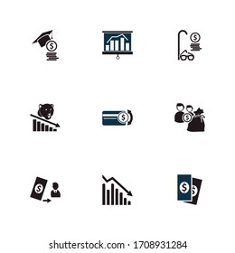 Finance icon set and diagram with collage savings, fund transfer and stock decrease. Commerce related finance icon vector for web UI logo design.