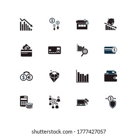 Finance icon set and diamond with financial analytics, exchange and money on card. Investment related finance icon vector for web UI logo design.