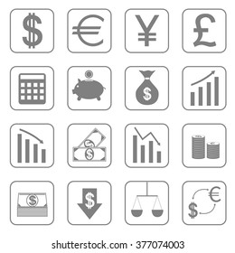 Finance icon set. Dollar euro pound sterling yen calculator piggy bank growth fall icons