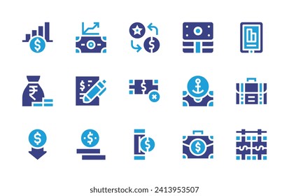 Finance icon set. Duotone color. Vector illustration. Containing finance, rupee, low price, money, purchase, stats, briefcase, case, transfer, money laundering, no money, insert coin, growing.