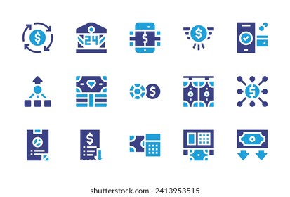 Finance icon set. Duotone color. Vector illustration. Containing circular economy, consolidate, finance report, money, money laundering, atm, online transfer, poker chips, transaction, economy.