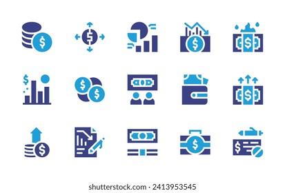 Symbol für Finanzen gesetzt. Duotonfarbe. Vektorgrafik. Mit Geld, Barkarte, Wachstum, Finanzen, Geldbörse, Statistiken, Investor, Finanzierung, Erhöhung, Bankscheck, Verlust.