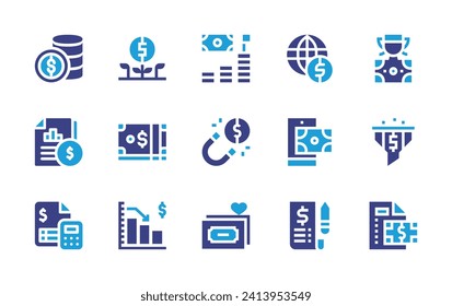 Finance icon set. Duotone color. Vector illustration. Containing coins, financial statement, finance, business and finance, earning, prize, bill, filter, economic, fraudulent, steal, money, profit.