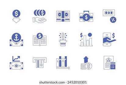 FinanzsymbolSet. Linienstrich im Duotonstil und fett. Vektorillustration. Enthält Kontoauszug, Einzahlung, Balkendiagramm, Rekordbuch, Geld, Wachstum, niedriger Preis, Zinssatz, Kauf, Handy.