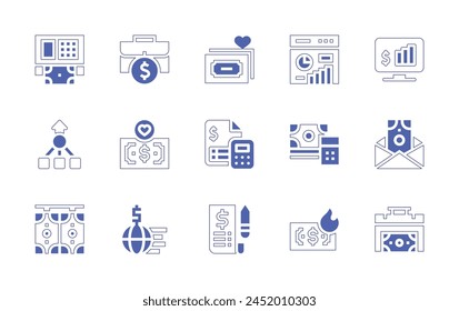 Finance icon set. Duotone style line stroke and bold. Vector illustration. Containing consolidate, finance, stock, burning, money, money laundering, briefcase, bill, atm, earn money, bribe, analytics.