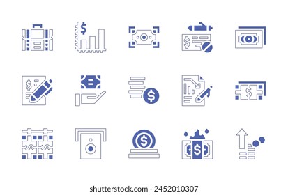 Finance icon set. Duotone style line stroke and bold. Vector illustration. Containing coin stacks, focus, graph, case, profit, money laundering, money, contract, cash withdrawal, coin, bank check.