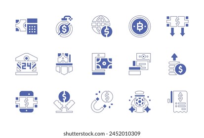 Finance icon set. Duotone style line stroke and bold. Vector illustration. Containing money, profit, finances, business and finance, earning, pocket, online transfer, inflation, trap, steal, money bag