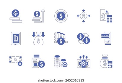 Finance icon set. Duotone style line stroke and bold. Vector illustration. Containing coin, coins, money bag, finance, stats, credit card, no money, growth, funding, savings, money, calculate.