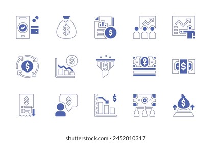 Conjunto de iconos de finanzas. Trazo de línea de estilo duotono y negrita. Ilustración vectorial. Conteniendo economía circular, bolsa de dinero, estado financiero, capacitación, finanzas, Filtrar, dinero, transacción, crowdfunding.