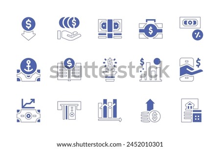 Finance icon set. Duotone style line stroke and bold. Vector illustration. Containing bank statement, deposit, bar chart, record book, money, growth, low price, interest rate, purchase, mobile phone.