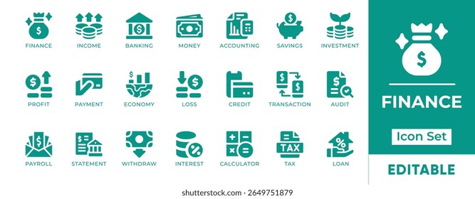 Finance Icon Set. Features icons of money, banking, investment, savings, budgeting, and payments. Perfect for fintech, accounting, business, and economic projects.