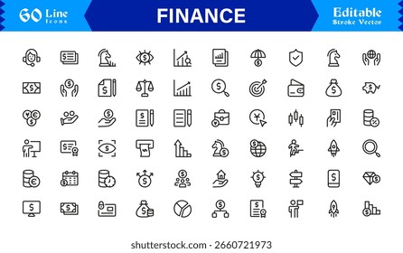 Conjunto de iconos de finanzas con símbolos bancarios, de inversión, monetarios y monetarios en un estilo de Vector limpio