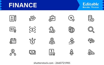 Conjunto de ícones de finanças com símbolos bancários, de investimento, monetários e monetários em estilo Clean Vetor