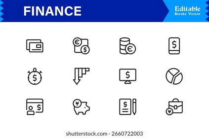 Conjunto de iconos de finanzas con símbolos bancarios, de inversión, monetarios y monetarios en un estilo de Vector limpio