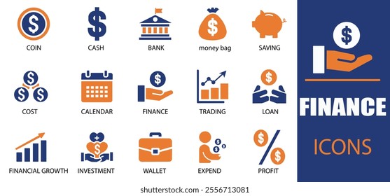 Finance icon set. Featuring detailed illustrations of  loan, cash, saving, financial goal, profit, budget, mutual fund and earning money  icons. Cohesive set of scalable vector icons.