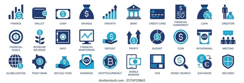 Finance icon set in flat duotone solid icons web design. Pack pictograms with wallet, cash, savings, growth, credit card, loan, creditor, goal, increase, revenue, safe, other. Vector illustration.