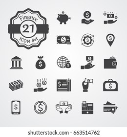 Finance icon set flat vector isolated on grey background