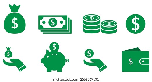  Finance icon set in green color. finance icon vector design collection. Money management related icon set. Contains loan, cash, saving, financial goal, profit, budget. vector illustration.