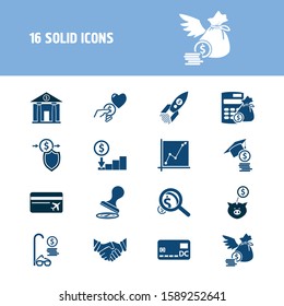 Finance icon set and handshake with startup, debit card and donation. Charity related finance icon vector for web UI logo design.