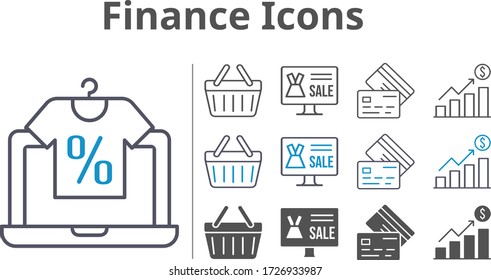 finance icon set included online shop, profits, shopping-basket, credit card, shopping basket icons