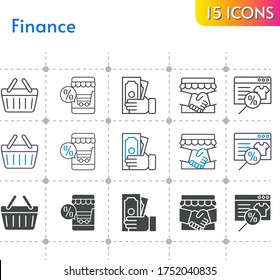 finance icon set. included online shop, handshake, money, shopping-basket, shopping basket icons on white background. linear, bicolor, filled styles.