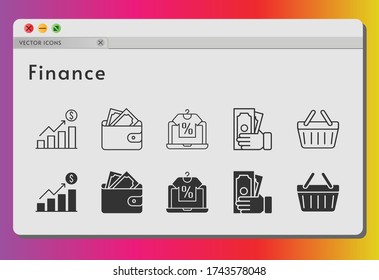 finance icon set. included profits, online shop, wallet, money, shopping-basket, shopping basket icons on white background. linear, filled styles.