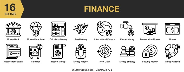 Finance icon set. Includes calculator, faucet, flow cash, mobile transactions, analysis, and More. Solid icons vector collection.