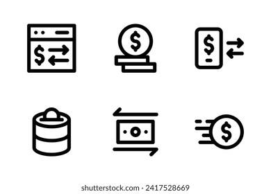Finance icon set including internet banking, dollar coin, mobile banking, saving, transaction, and send money.