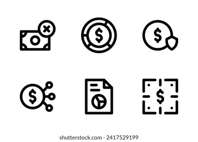 Finance icon set including payment failed, budgeting, payment security, crowdfunding, business report, and target.
