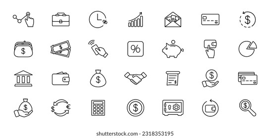 Juego de iconos de finanzas. Icono de línea dinero, pagos, negocios y bancos. Colección financiera de iconos de contorno delgado. Ilustración vectorial.