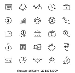 Juego de iconos de finanzas. Icono de línea dinero, pagos, negocios y bancos. Colección financiera de iconos de contorno delgado. Ilustración vectorial.