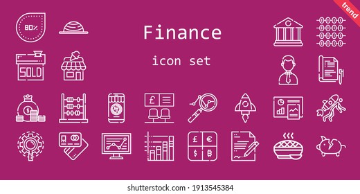 finance icon set. line icon style. finance related icons such as sold, shop, piggy bank, contract, pie, research, analytics, line chart, debit card, bank, balance, money, startup, percentage, report