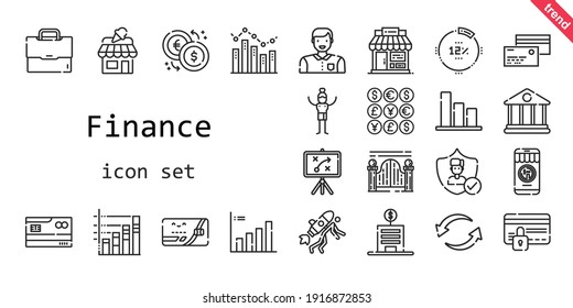 finance icon set. line icon style. finance related icons such as insurance, shop, coins, briefcase, bank, money, startup, percentage, bar chart, exchange, credit card, man, strategy, gateway, 