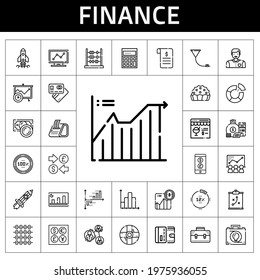 finance icon set. line icon style. finance related icons such as rising, funnel, pie, analytics, line chart, online shop, startup, percentage, bar chart, currency, man