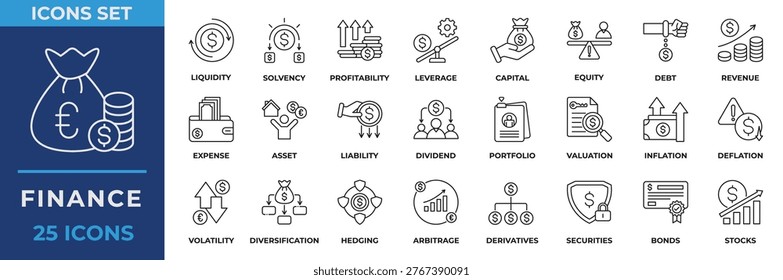Finance Icon Set. With Icon finance, liquidity, solvency, profitability, leverage, capital, equity, debt, revenue, expense, asset and more. Line Icon Vector Illustration.