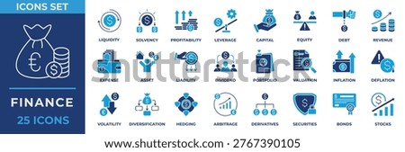 Finance Icon Set. With Icon finance, liquidity, solvency, profitability, leverage, capital, equity, debt, revenue, expense, asset and more. Flat Blue Icon Vector Illustration.