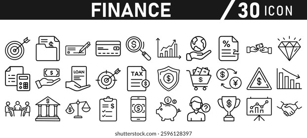 Finance icon set. Loan, cash, bank, saving, financial goal, profit, budget, mutual fund, earning money, and tax, icons. Icons collection. 
