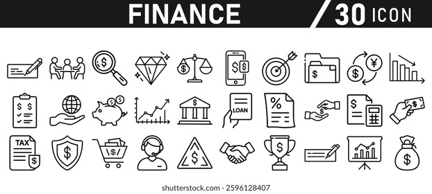 Finance icon set. Loan, cash, bank, saving, financial goal, profit, budget, mutual fund, earning money, and tax, icons. Icons collection. 